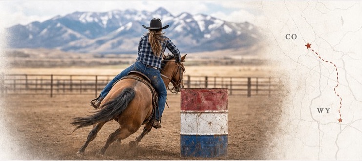 Barrel racer with Colorado and Wyoming route map